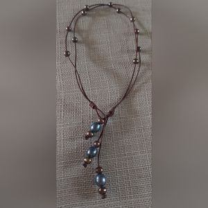 New Handmade Peacock & Gold Pearl & Brown Leather 3-Way Necklace